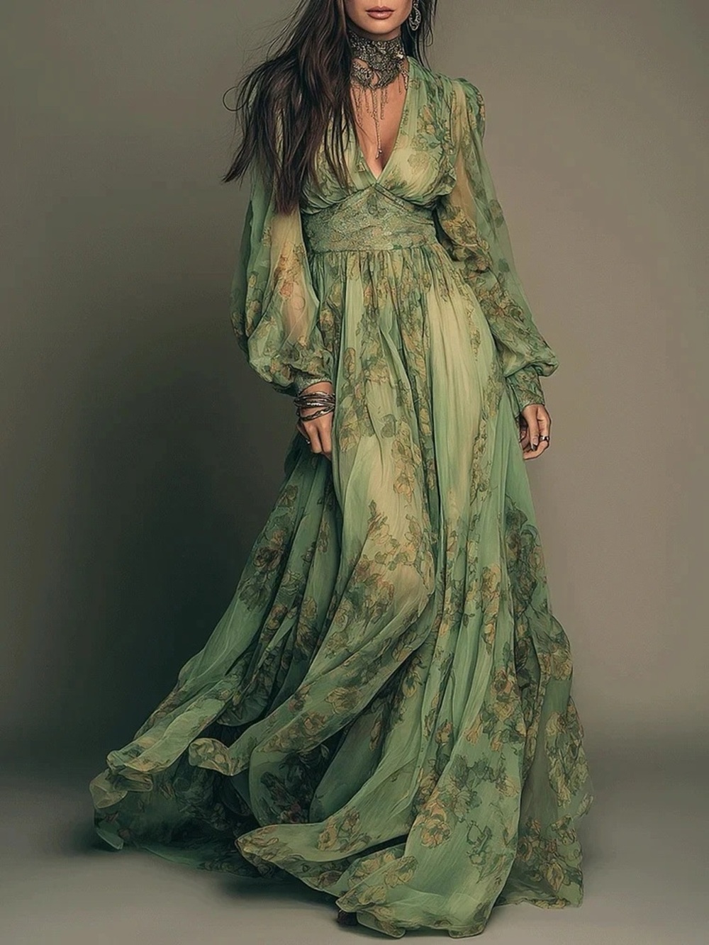 Floral Print V-Neck Maxi Dress